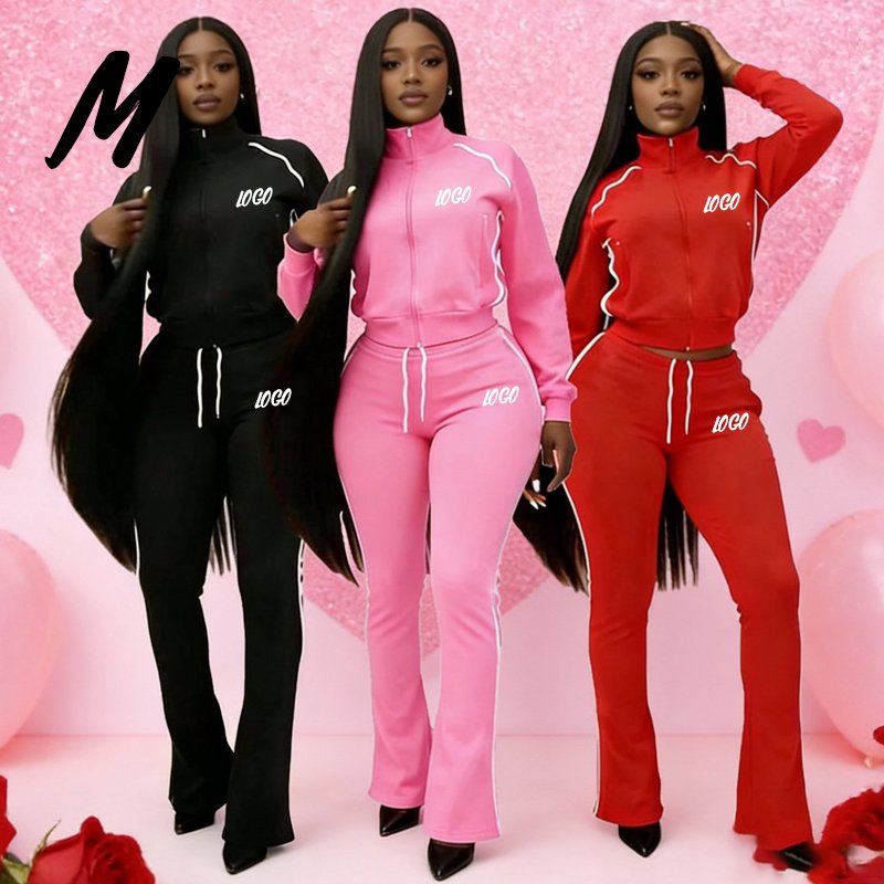 2026 Valentine's Day women's cotton zipper jacket and bell bottom pants set custom logo pink two-piece set women's clothing