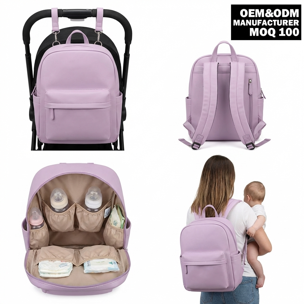 OEM/ODM customized mother bag, newborn waterproof light purple PU imitation leather baby diaper bag, backpack
