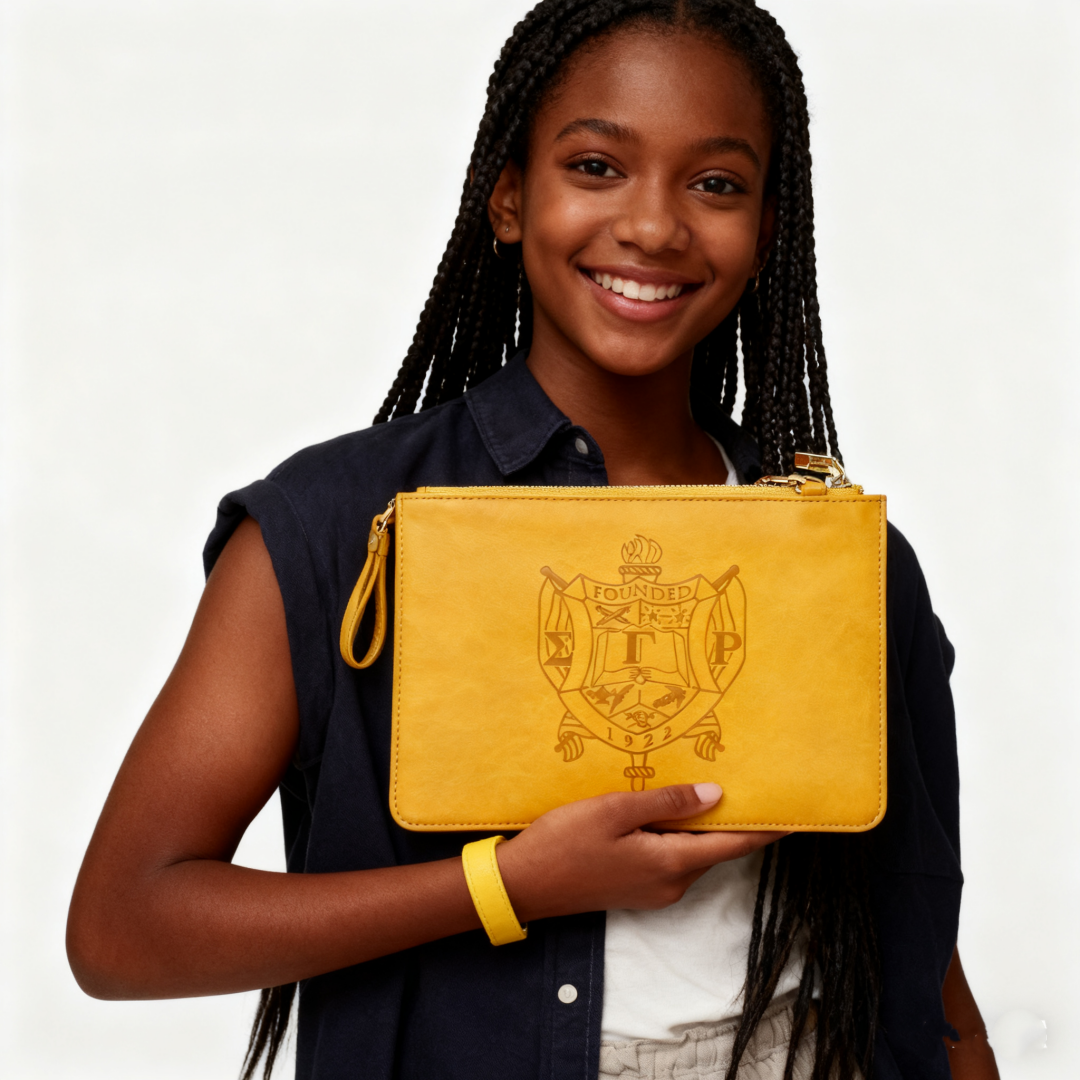 Ready to ship Gold Sigma Gamma Rho Women's Leather Handbag, Friendship Club Wristband Bag