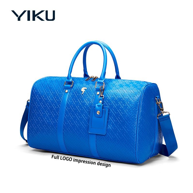 Luxury brand customized Pu luggage bag full embossed letter combination vegetarian leather bag large unisex weekend luggage sports bag with logo
